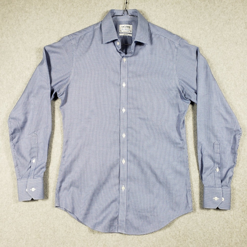 T.M. Lewin Men 15.5 34.5 Super Fitted Blue White Houndstooth No-Iron Dress Shirt